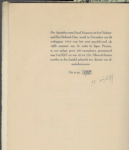 (NIJHOFF, M.) (1894-1953) - Der Apostelen Eerste Daad, Fragment Uit Het Pinksterspel 'Des Heilands Tuin'