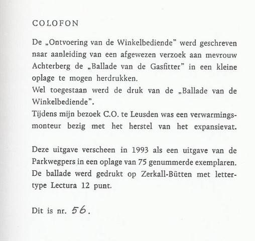 ACHTERBERG, GERRIT (N.A.V.), DOOR CLAUDE ONVLLEE: GEDICHTEN - Ontvoering Van de Winkelbediende