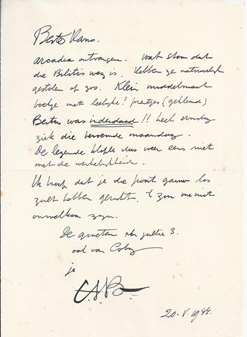 BANTZINGER, C.A.B. (1914-1985) - Briefje Aan Hans Roest