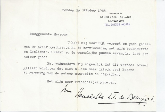 BEAUFORT, HENRIETTE L.T. (1890-1982) - Briefje, Getypt Met Handtekening