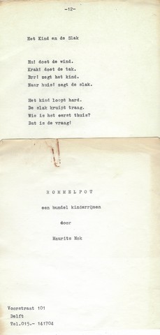 MOK, MAURITS (1907-1989) - Rommelpot, Een Bundel Kinderrijmen, (Getypte Bundel)