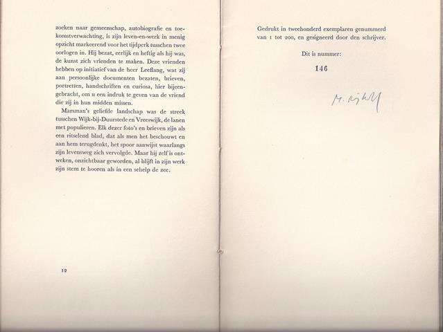 NIJHOFF, M. - H. Marsman/ Toespraak Gehouden Bij de Opening Van Een Marsman-Tentoonstelling in Den Boekhandel Broese Te Utecht Op Zaterdag 5 October 1940
