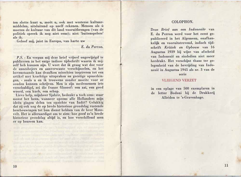 PERRON, E. DU (1899-1940) - P.P. C. , Brief Aan Een Indonesir