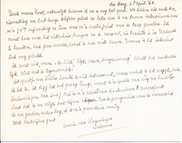 SALOMONS, ANNIE (1885-1980) - Kaart Aan Hans Roest, 28 April '64