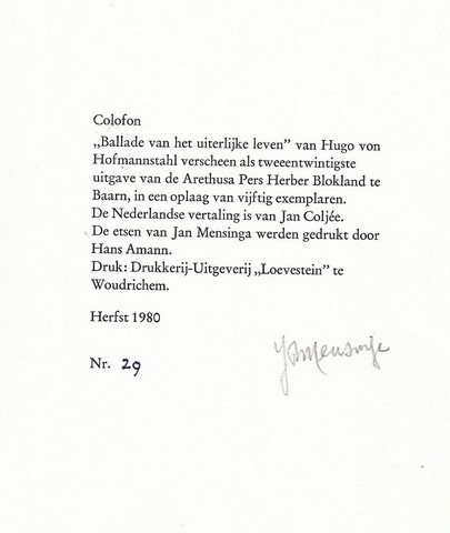 HOFMANNSTAHL, HUGO VON (1874-1929) MET EEN VERTALING VAN JAN COLJE - Ballade Van Het Uiterlijk Leven; Ballade Des usseren Lebens
