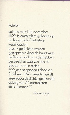 MESSEL, SAUL VAN; GENSPIREERD DOOR SPINOZA, 300 JAAR NA ZIJN DOOD - In de Jodenhoek Geboren- Spinozanem Poticum- 1677-21 Februari-1977