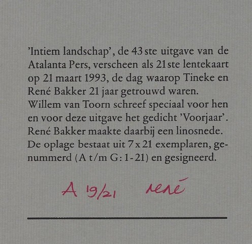 TOORN, WILLEM VAN, GEDICHT EN REN BAKKER MET ILLUSTRATIE - Intiem Landschap