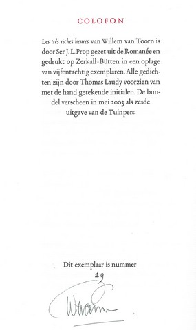 TOORN, WILLEM VAN (MET EEN GEDICHT), EN DE VROUW VAN REN BAKKER MET EEN VOORWOORD OVER HAAR 1945 GEFUSILLEERDE VADER JAN OVEREEM; MET ILLUSTRATIES VAN REN BAKKER - Les Trs Riches Heures