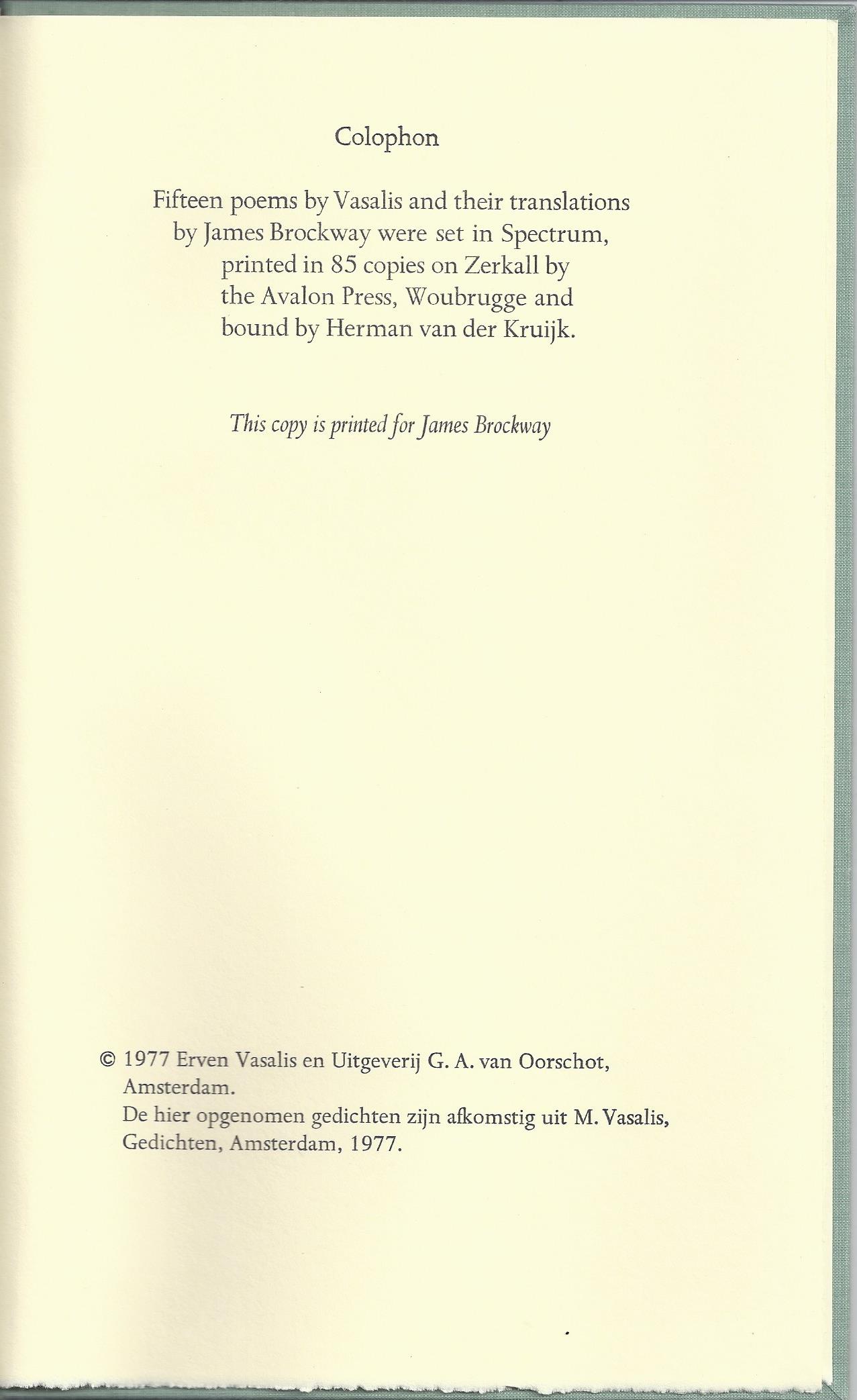 VASALIS - Fifteen of Her Poems with Translations by James Brockway