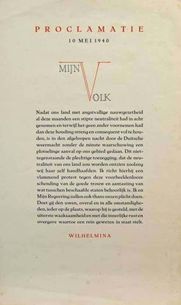 WILHELMINA,( KONINGIN) - Proclamatie, 10 Mei 1940