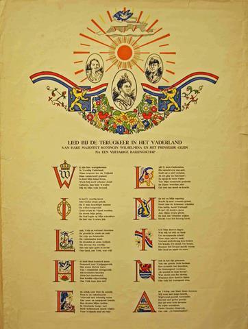 KEUKEN, G.J.VAN DER - Lied Bij de Terugkeer in Het Vaderland Van Hare Majesteit Koningin Wilhelmina En Het Prinselijk Gezin Na Een Vijfjarige Ballingschap