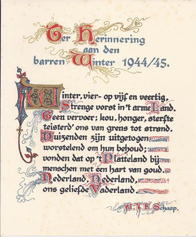 SCHAAP, A.J.F. - Ter Herinnering Aan Den Barren Winter 1944/45