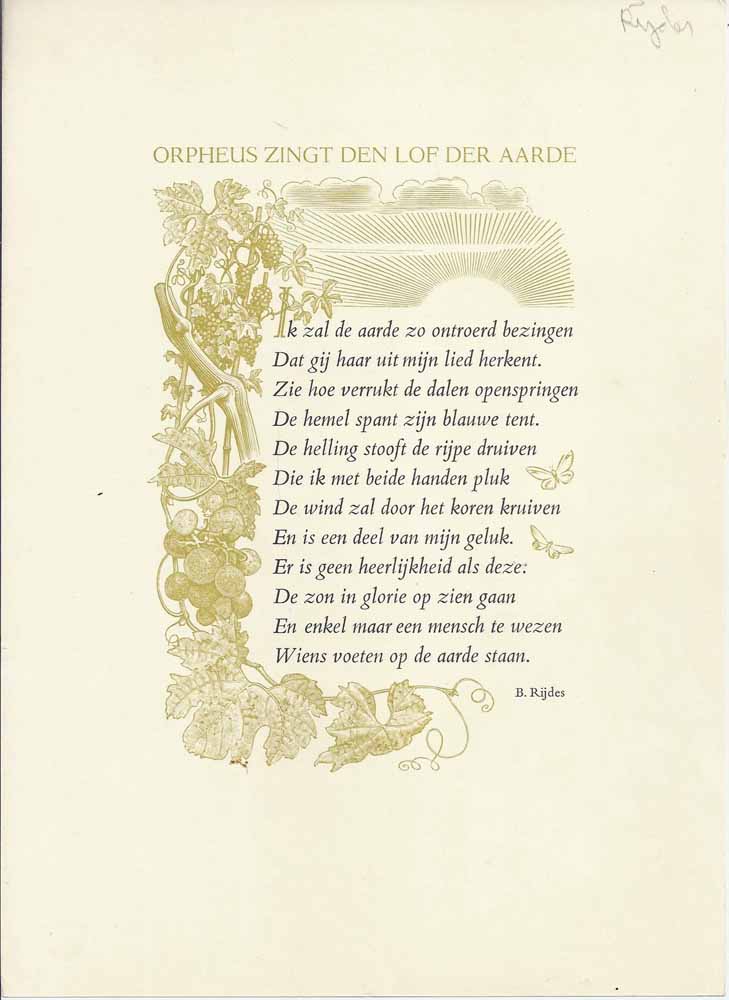 RIJDES, B. - Orpheus Zingt de Lof Der Aarde