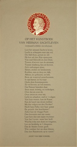 VONDEL, JOOST VAN DEN - Op Het Kunstboek Van Herman Sachtleven