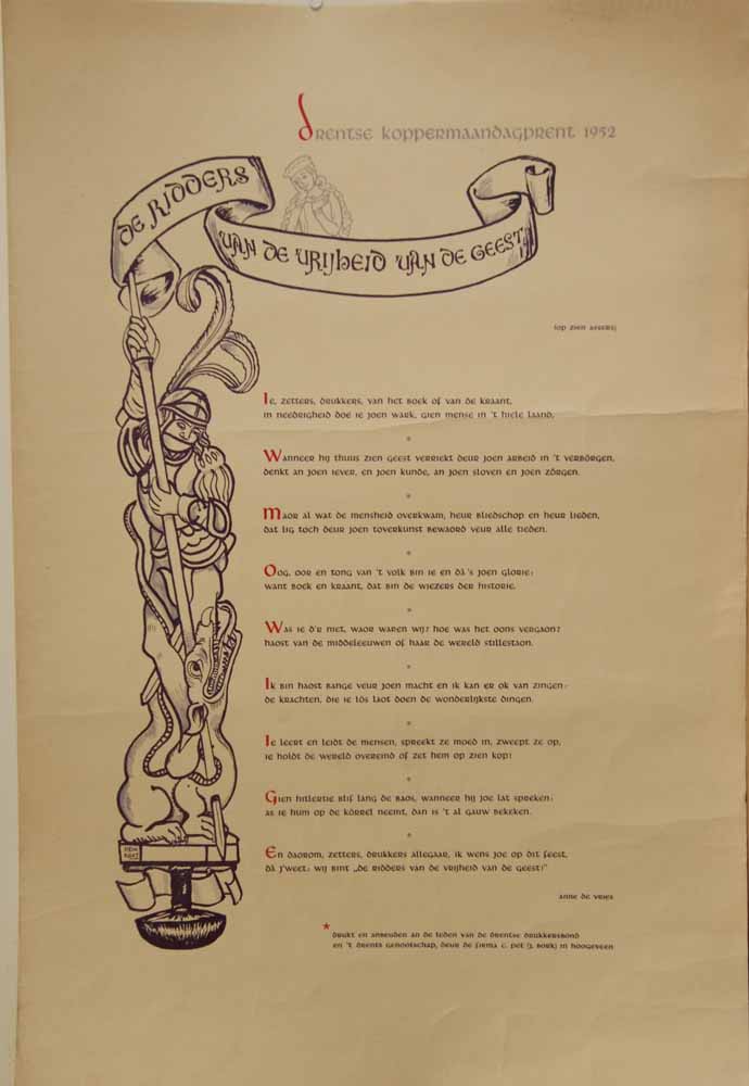 VRIES, ANNE DE - De Ridders Van de Vrijheid Van de Geest; Drentse Koppermaandagprent 1952