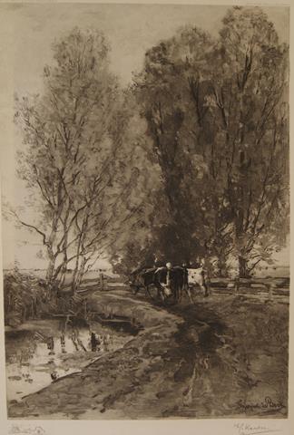 BOCK, THEOPHILE DE, SCHILDER VAN HET OORSPRONKELIJKE SCHILDERIJ - (Boerin Met Koeien Op Weggetje Langs Water, Hek En Bomen)