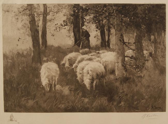 MAUVE, ANTON (1838- 1888), SCHILDER VAN HET OORSPRONKELIJKE WERK - (Schapen Met Herderin in Bos)