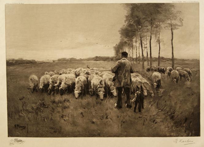 MAUVE, ANTON (1838-1888) SCHILDER VAN HET OORSPRONKELIJKE WERK - (Schaapskudde, Herder En Bomenrij)